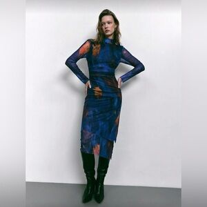 Maija Blue & Orange Tie-Dye Print Backless Fitted Midi Dress - Size M